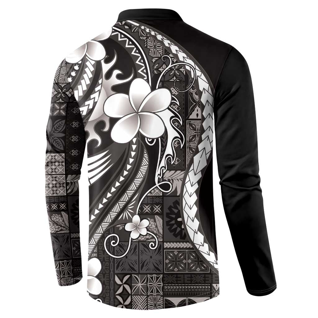 Samoa Siapo Tribal Pattern Button Sweatshirt Black Polynesian Plumeria Tapa Motif LT9 - Polynesian Pride