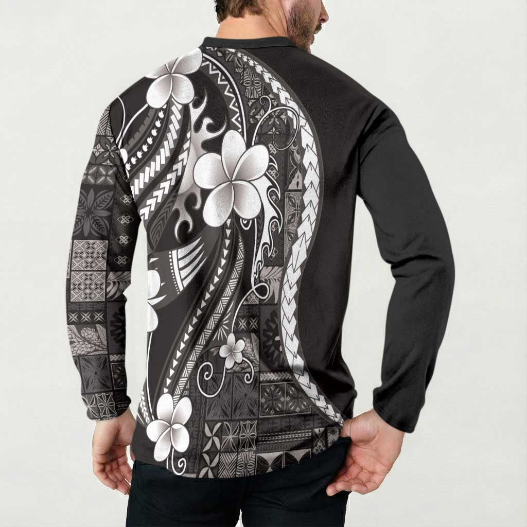 Samoa Siapo Tribal Pattern Button Sweatshirt Black Polynesian Plumeria Tapa Motif LT9 - Polynesian Pride