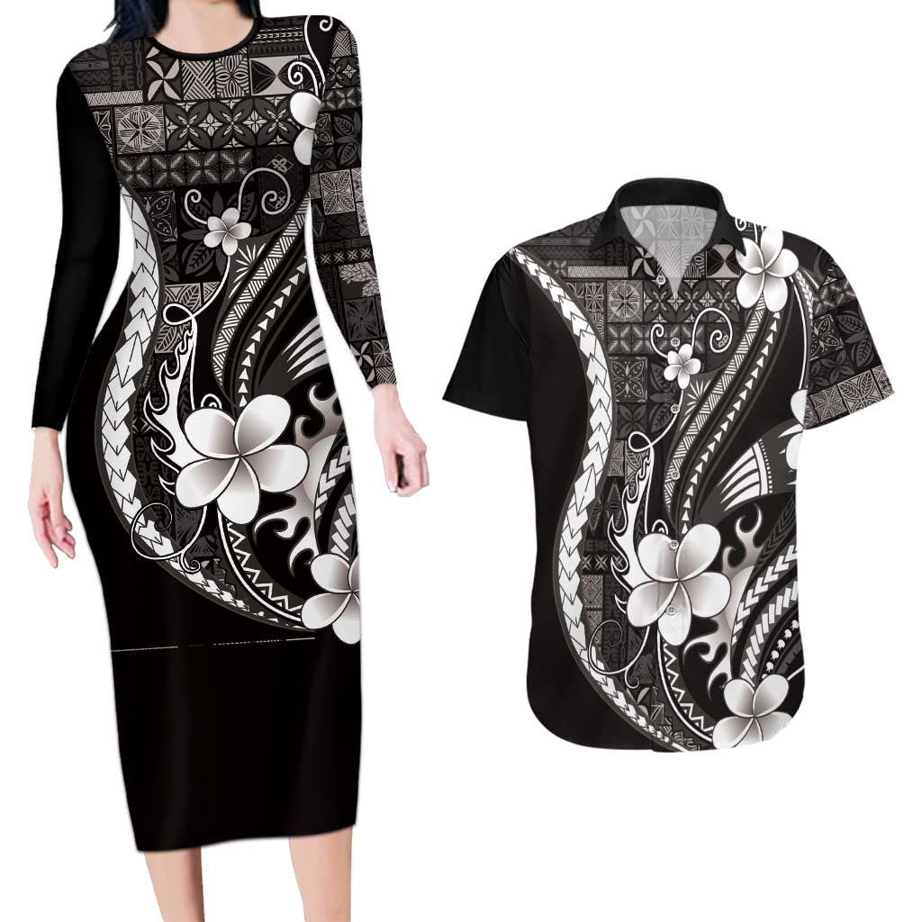 Samoa Siapo Tribal Pattern Couples Matching Long Sleeve Bodycon Dress and Hawaiian Shirt Black Polynesian Plumeria Tapa Motif LT9 Black - Polynesian Pride
