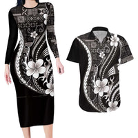Samoa Siapo Tribal Pattern Couples Matching Long Sleeve Bodycon Dress and Hawaiian Shirt Black Polynesian Plumeria Tapa Motif
