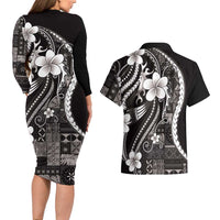 Samoa Siapo Tribal Pattern Couples Matching Long Sleeve Bodycon Dress and Hawaiian Shirt Black Polynesian Plumeria Tapa Motif