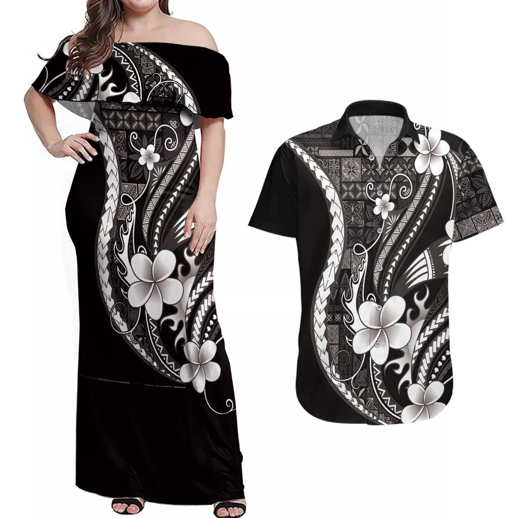 Samoa Siapo Tribal Pattern Couples Matching Off Shoulder Maxi Dress and Hawaiian Shirt Black Polynesian Plumeria Tapa Motif LT9 Black - Polynesian Pride