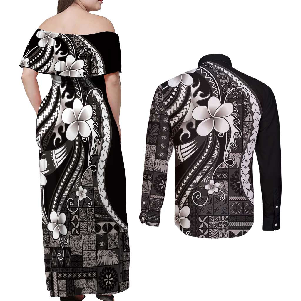 Samoa Siapo Tribal Pattern Couples Matching Off Shoulder Maxi Dress and Long Sleeve Button Shirt Black Polynesian Plumeria Tapa Motif LT9 - Polynesian Pride