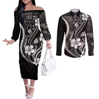 Samoa Siapo Tribal Pattern Couples Matching Off The Shoulder Long Sleeve Dress and Long Sleeve Button Shirt Black Polynesian Plumeria Tapa Motif