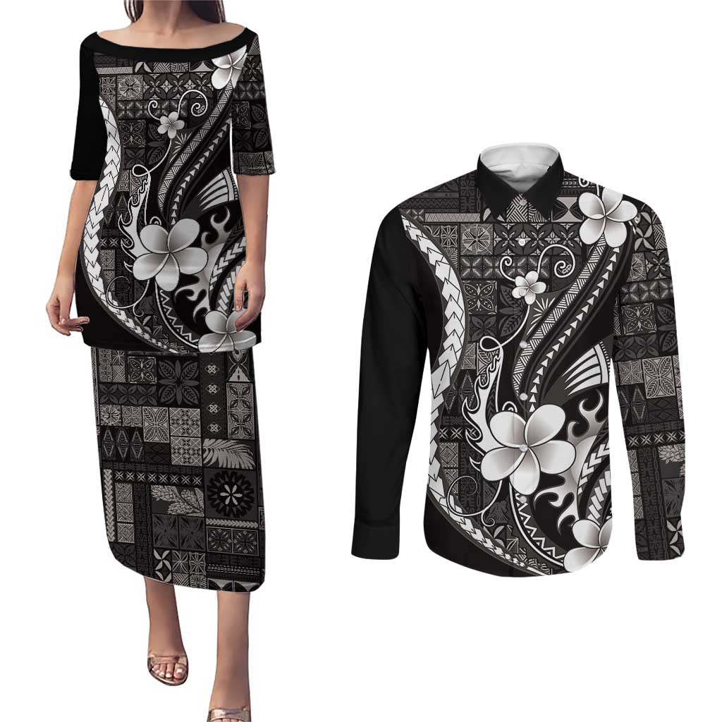 Samoa Siapo Tribal Pattern Couples Matching Puletasi and Long Sleeve Button Shirt Black Polynesian Plumeria Tapa Motif LT9 Black - Polynesian Pride