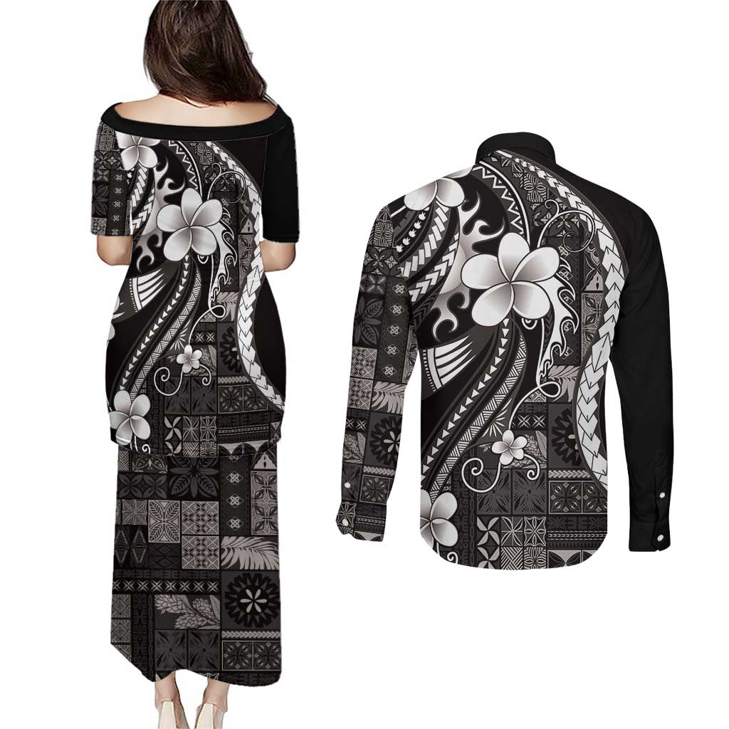 Samoa Siapo Tribal Pattern Couples Matching Puletasi and Long Sleeve Button Shirt Black Polynesian Plumeria Tapa Motif LT9 - Polynesian Pride
