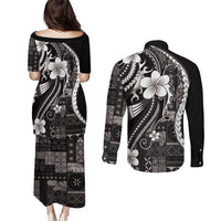 Samoa Siapo Tribal Pattern Couples Matching Puletasi and Long Sleeve Button Shirt Black Polynesian Plumeria Tapa Motif LT9 - Polynesian Pride