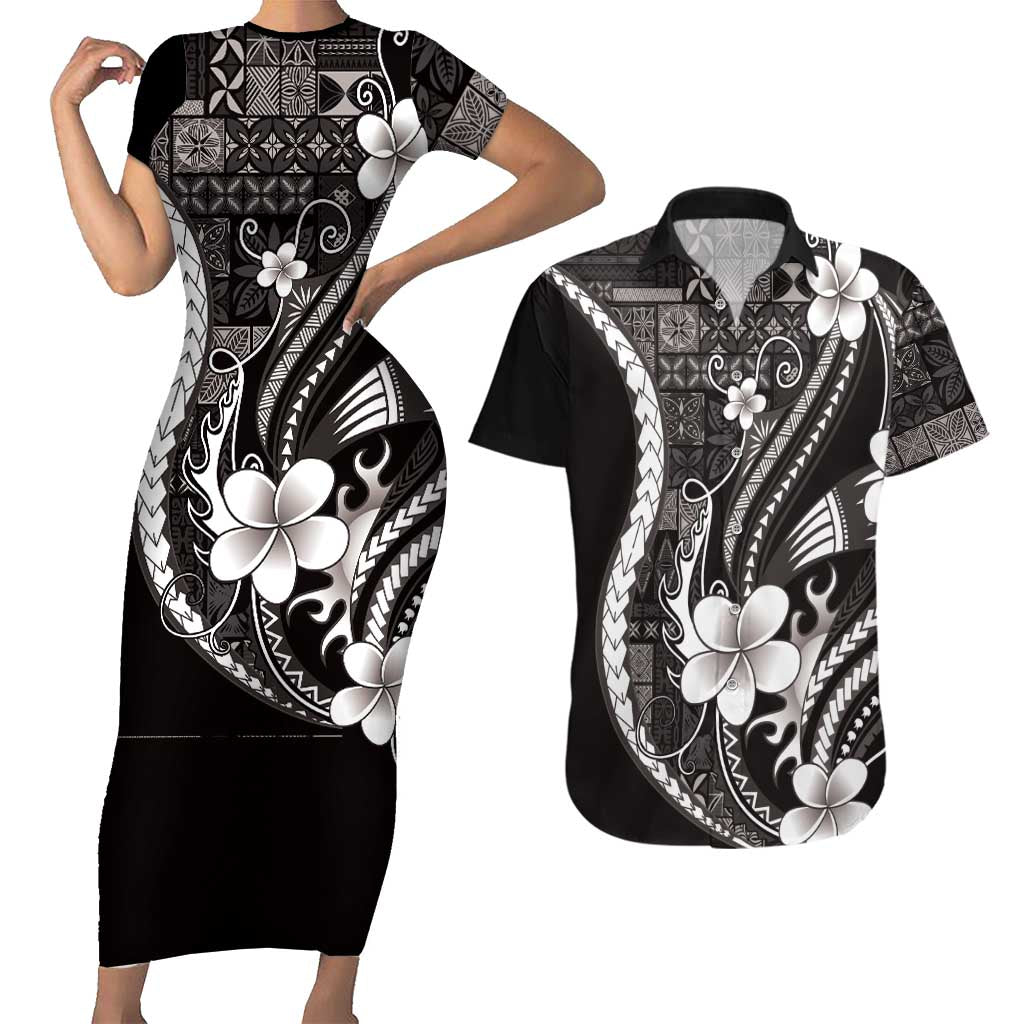 Samoa Siapo Tribal Pattern Couples Matching Short Sleeve Bodycon Dress and Hawaiian Shirt Black Polynesian Plumeria Tapa Motif