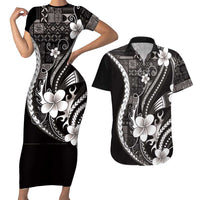 Samoa Siapo Tribal Pattern Couples Matching Short Sleeve Bodycon Dress and Hawaiian Shirt Black Polynesian Plumeria Tapa Motif