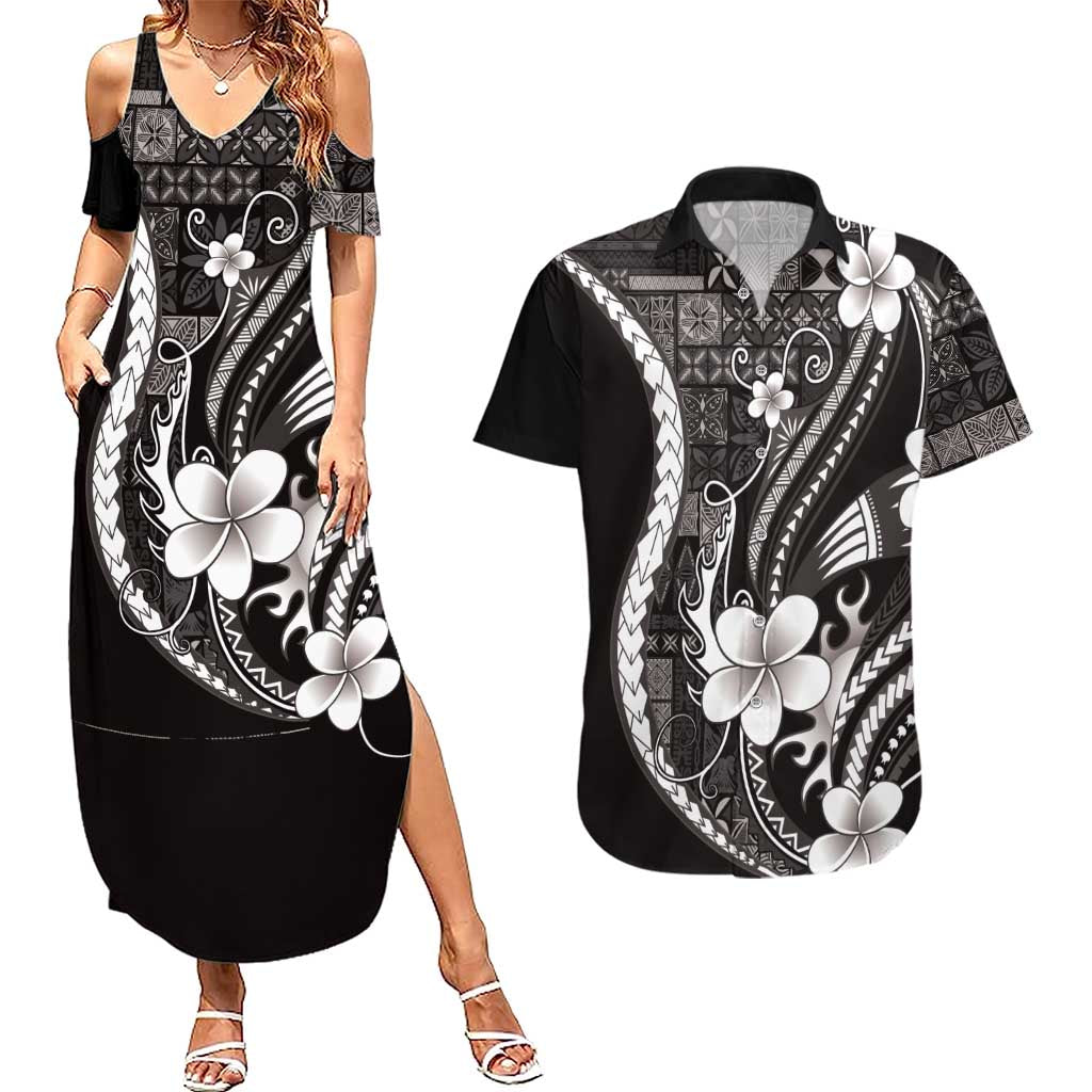 Samoa Siapo Tribal Pattern Couples Matching Summer Maxi Dress and Hawaiian Shirt Black Polynesian Plumeria Tapa Motif LT9 Black - Polynesian Pride