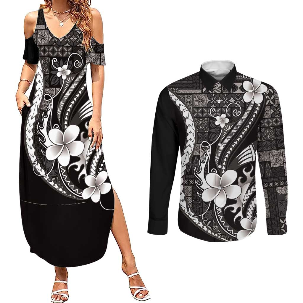 Samoa Siapo Tribal Pattern Couples Matching Summer Maxi Dress and Long Sleeve Button Shirt Black Polynesian Plumeria Tapa Motif LT9 Black - Polynesian Pride