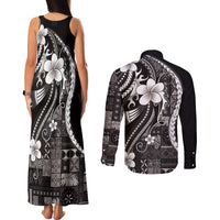 Samoa Siapo Tribal Pattern Couples Matching Tank Maxi Dress and Long Sleeve Button Shirt Black Polynesian Plumeria Tapa Motif LT9 - Polynesian Pride