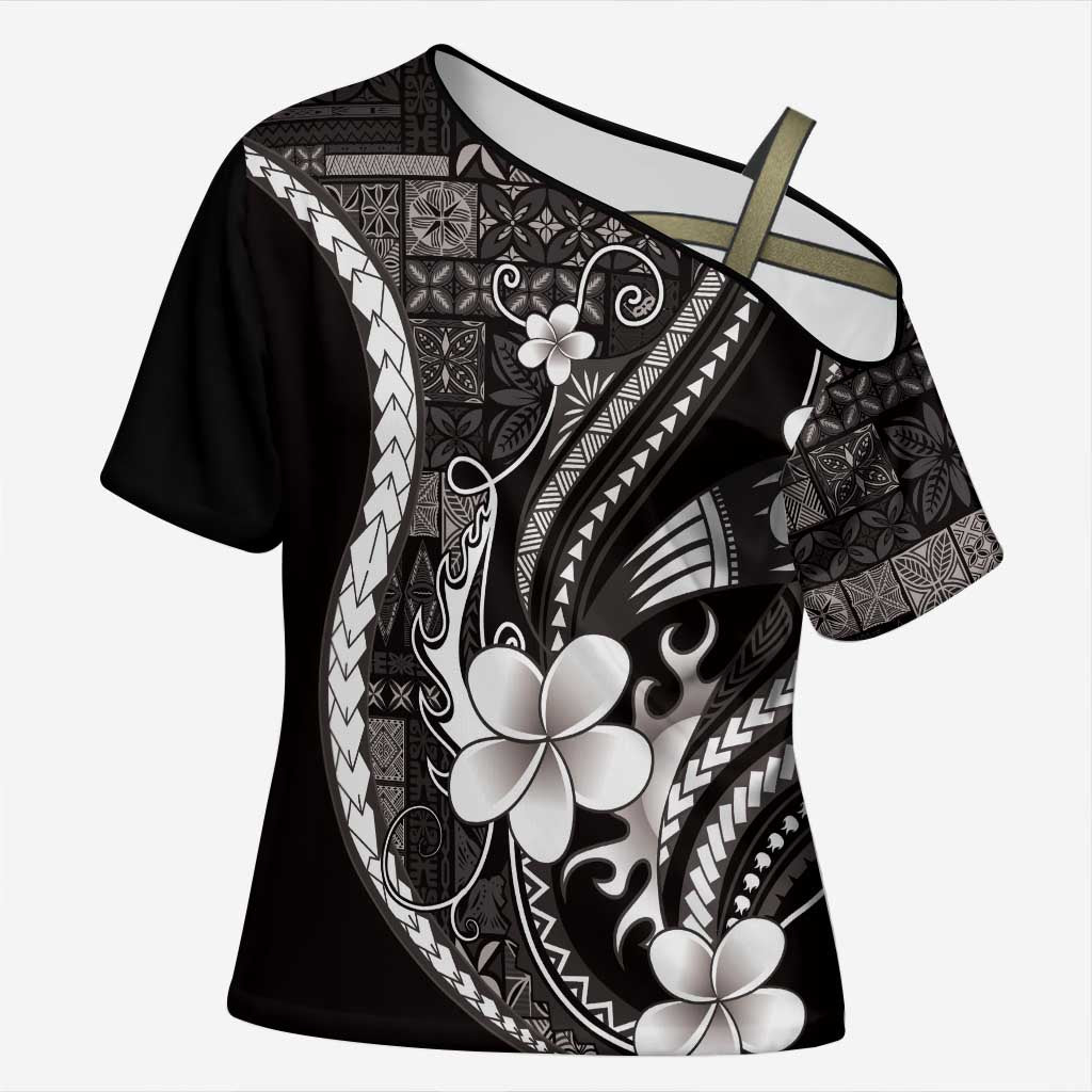 Samoa Siapo Tribal Pattern Cross Shoulder Shirt Black Polynesian Plumeria Tapa Motif LT9 Female Black - Polynesian Pride