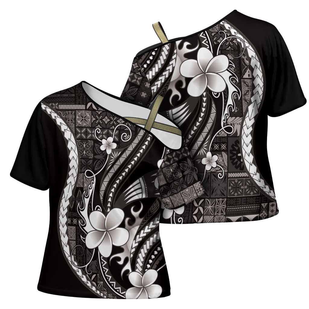 Samoa Siapo Tribal Pattern Cross Shoulder Shirt Black Polynesian Plumeria Tapa Motif LT9 - Polynesian Pride