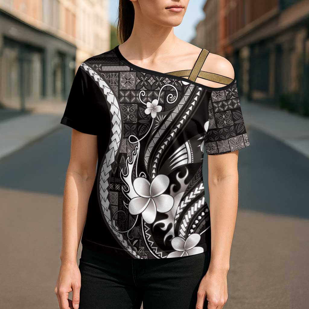 Samoa Siapo Tribal Pattern Cross Shoulder Shirt Black Polynesian Plumeria Tapa Motif LT9 - Polynesian Pride