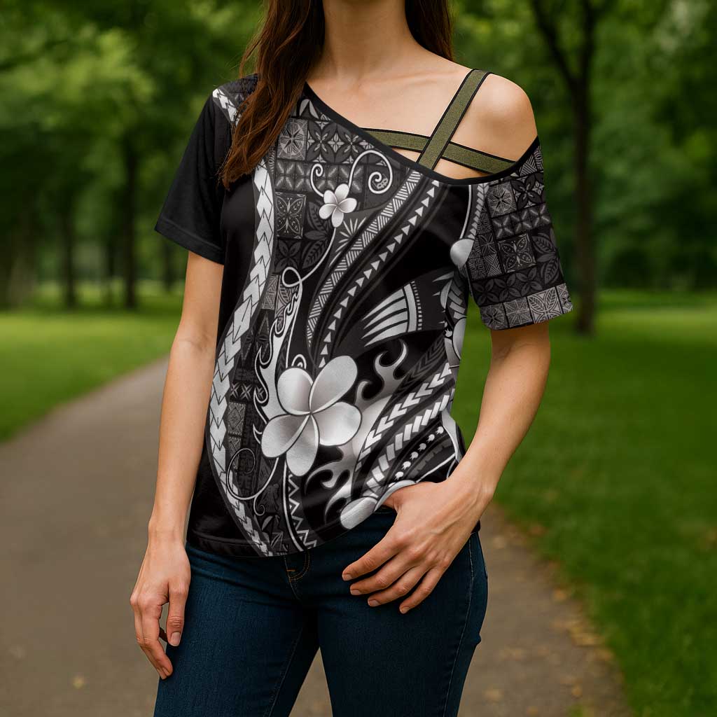 Samoa Siapo Tribal Pattern Cross Shoulder Shirt Black Polynesian Plumeria Tapa Motif LT9 - Polynesian Pride