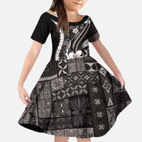 Samoa Siapo Tribal Pattern Family Matching Off The Shoulder Long Sleeve Dress and Hawaiian Shirt Black Polynesian Plumeria Tapa Motif