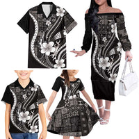 Samoa Siapo Tribal Pattern Family Matching Off The Shoulder Long Sleeve Dress and Hawaiian Shirt Black Polynesian Plumeria Tapa Motif