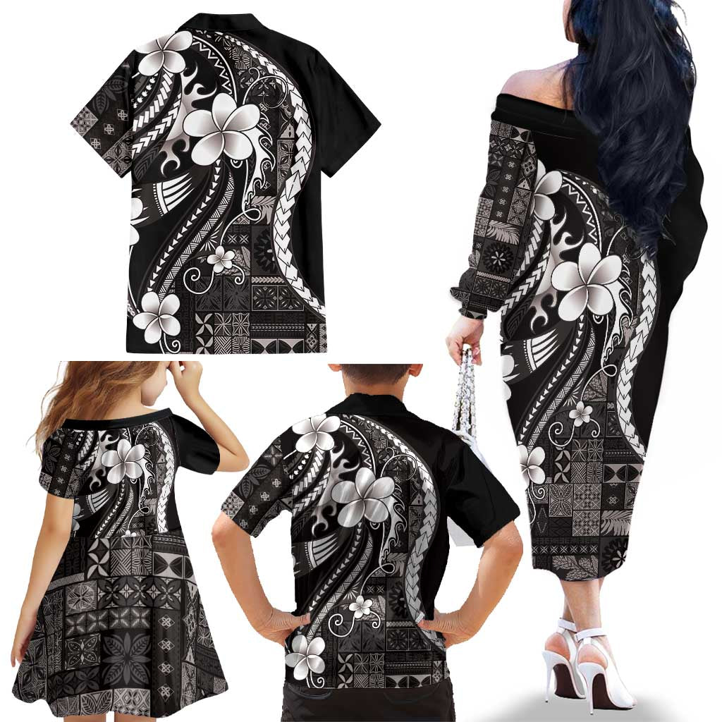 Samoa Siapo Tribal Pattern Family Matching Off The Shoulder Long Sleeve Dress and Hawaiian Shirt Black Polynesian Plumeria Tapa Motif