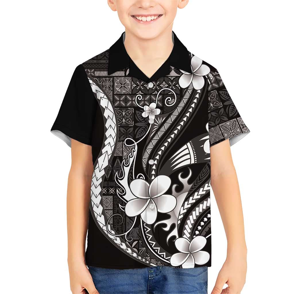 Samoa Siapo Tribal Pattern Family Matching Off The Shoulder Long Sleeve Dress and Hawaiian Shirt Black Polynesian Plumeria Tapa Motif