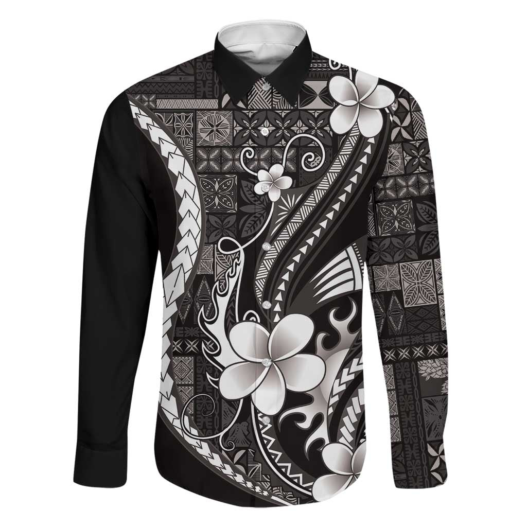 Samoa Siapo Tribal Pattern Family Matching Off Shoulder Maxi Dress and Hawaiian Shirt Black Polynesian Plumeria Tapa Motif