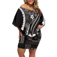 Samoa Siapo Tribal Pattern Family Matching Off Shoulder Short Dress and Hawaiian Shirt Black Polynesian Plumeria Tapa Motif