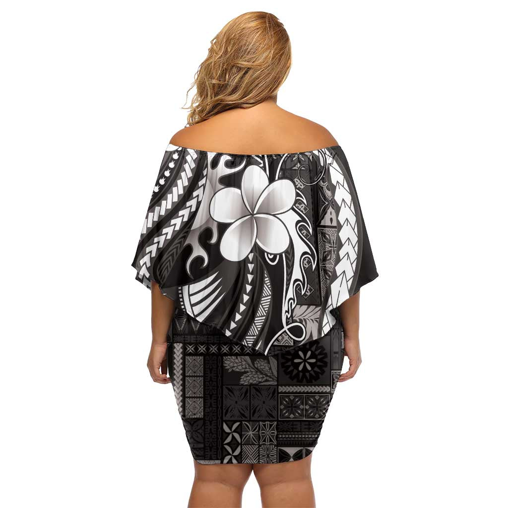 Samoa Siapo Tribal Pattern Family Matching Off Shoulder Short Dress and Hawaiian Shirt Black Polynesian Plumeria Tapa Motif