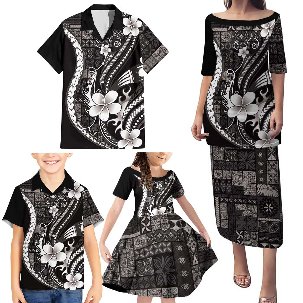 Samoa Siapo Tribal Pattern Family Matching Puletasi and Hawaiian Shirt Black Polynesian Plumeria Tapa Motif LT9 - Polynesian Pride