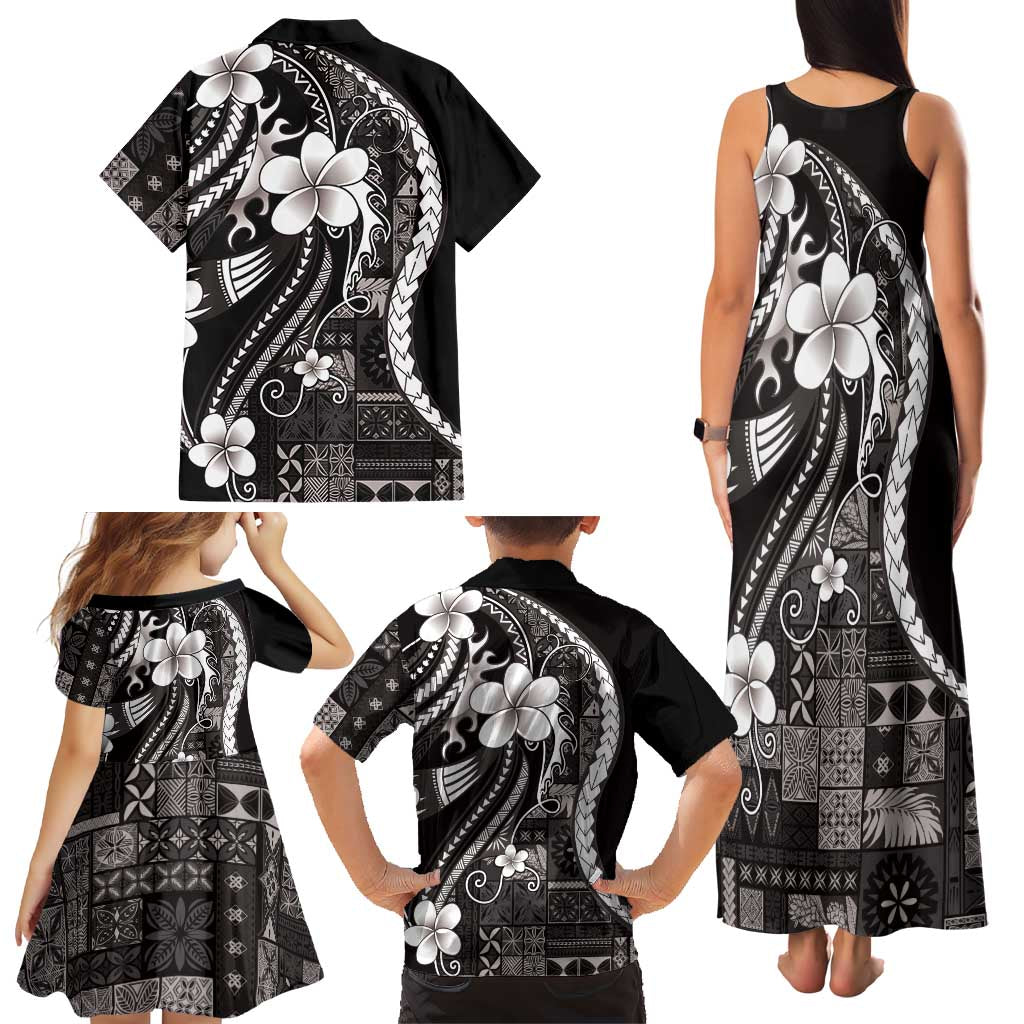 Samoa Siapo Tribal Pattern Family Matching Tank Maxi Dress and Hawaiian Shirt Black Polynesian Plumeria Tapa Motif