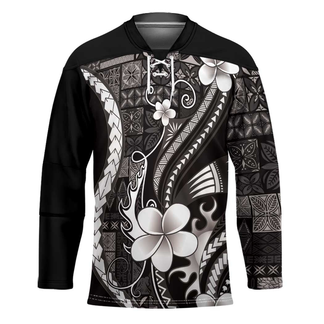 Samoa Siapo Tribal Pattern Hockey Jersey Black Polynesian Plumeria Tapa Motif LT9 Unisex Black - Polynesian Pride