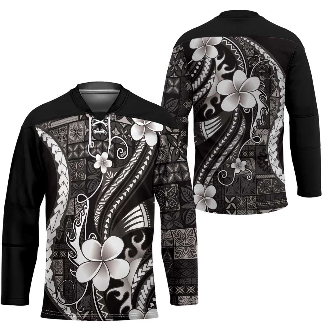 Samoa Siapo Tribal Pattern Hockey Jersey Black Polynesian Plumeria Tapa Motif LT9 - Polynesian Pride