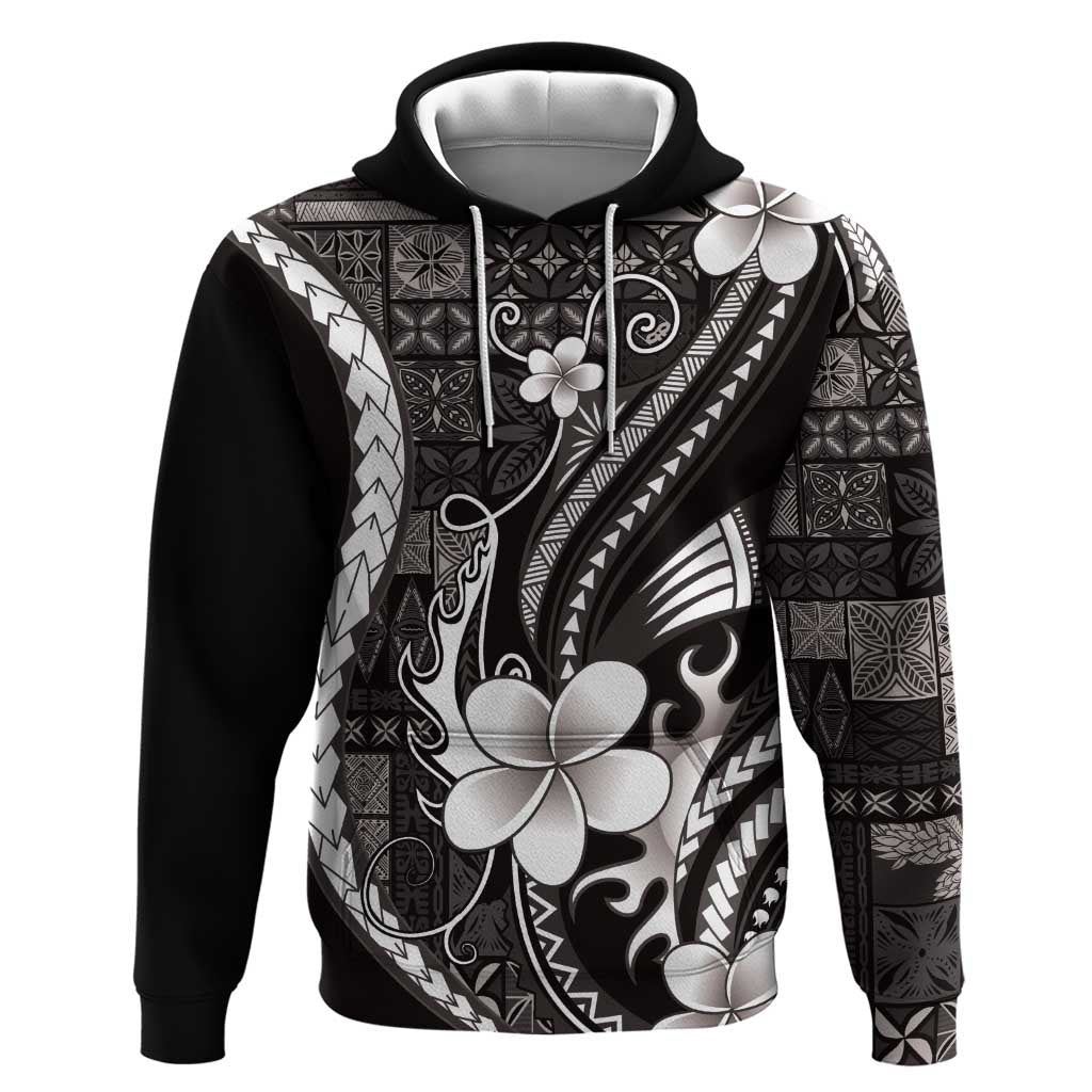 Samoa Siapo Tribal Pattern Hoodie Black Polynesian Plumeria Tapa Motif
