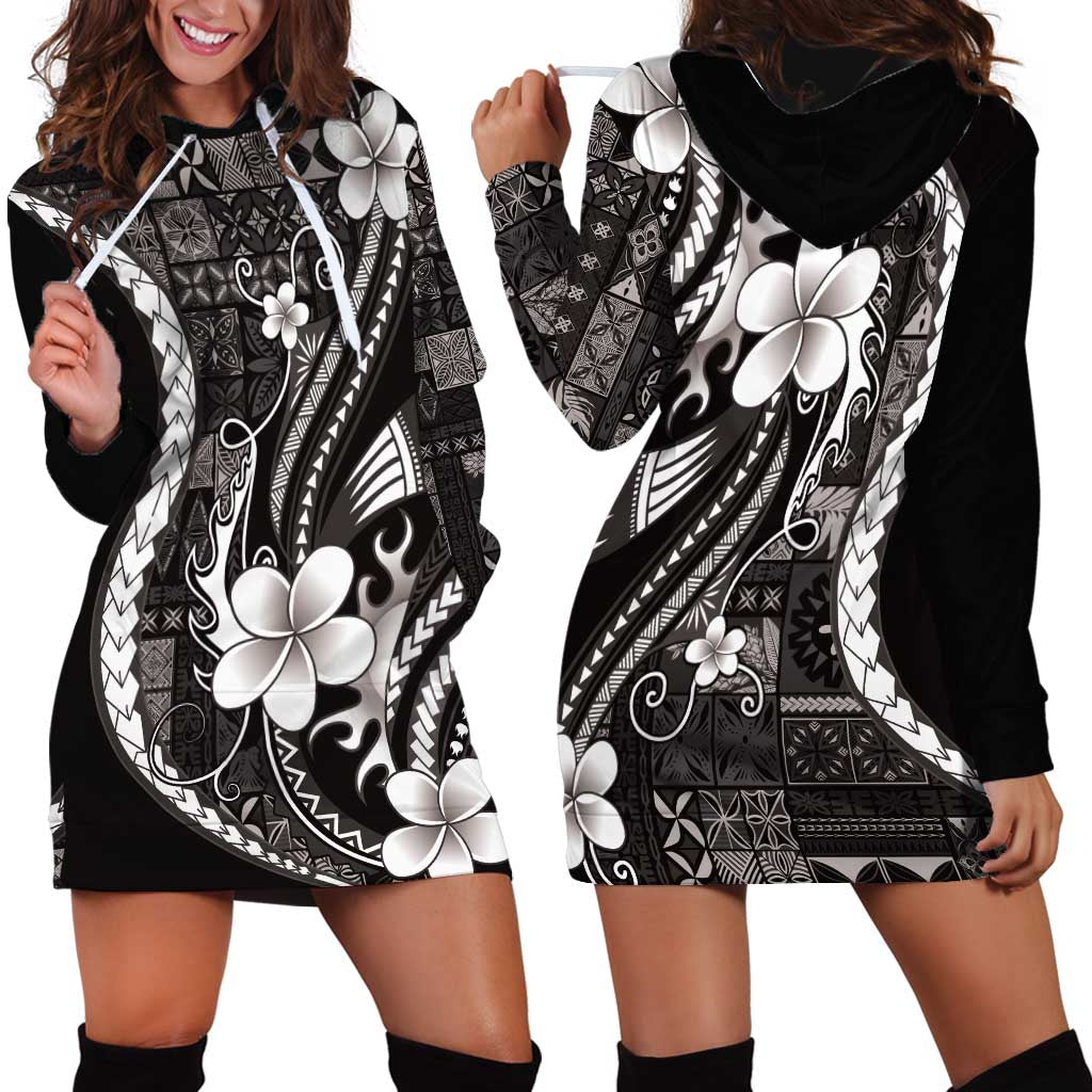 Samoa Siapo Tribal Pattern Hoodie Dress Black Polynesian Plumeria Tapa Motif LT9 - Polynesian Pride