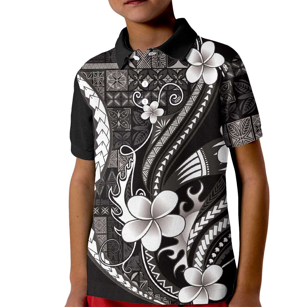 Samoa Siapo Tribal Pattern Kid Polo Shirt Black Polynesian Plumeria Tapa Motif LT9 Kid Black - Polynesian Pride