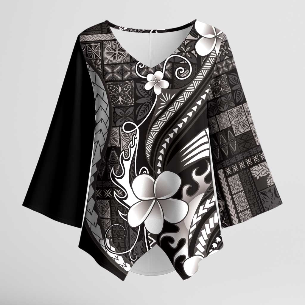 Samoa Siapo Tribal Pattern Kimono Sleeve Blouse Black Polynesian Plumeria Tapa Motif LT9 Female Black - Polynesian Pride