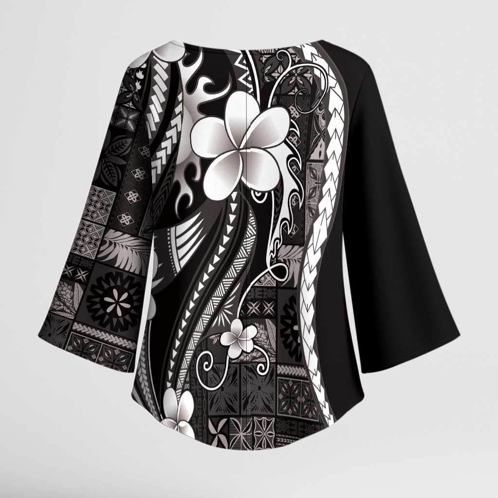 Samoa Siapo Tribal Pattern Kimono Sleeve Blouse Black Polynesian Plumeria Tapa Motif LT9 - Polynesian Pride