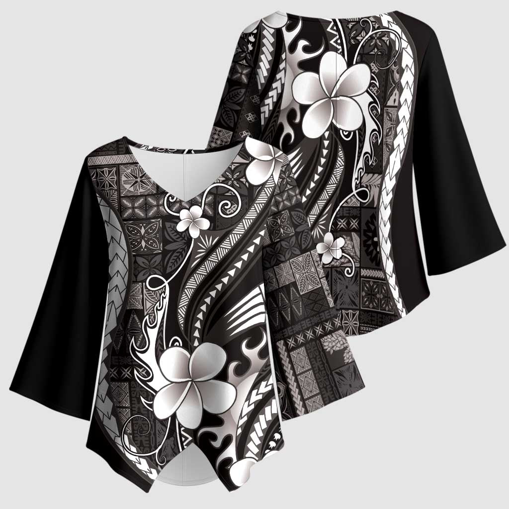 Samoa Siapo Tribal Pattern Kimono Sleeve Blouse Black Polynesian Plumeria Tapa Motif LT9 - Polynesian Pride