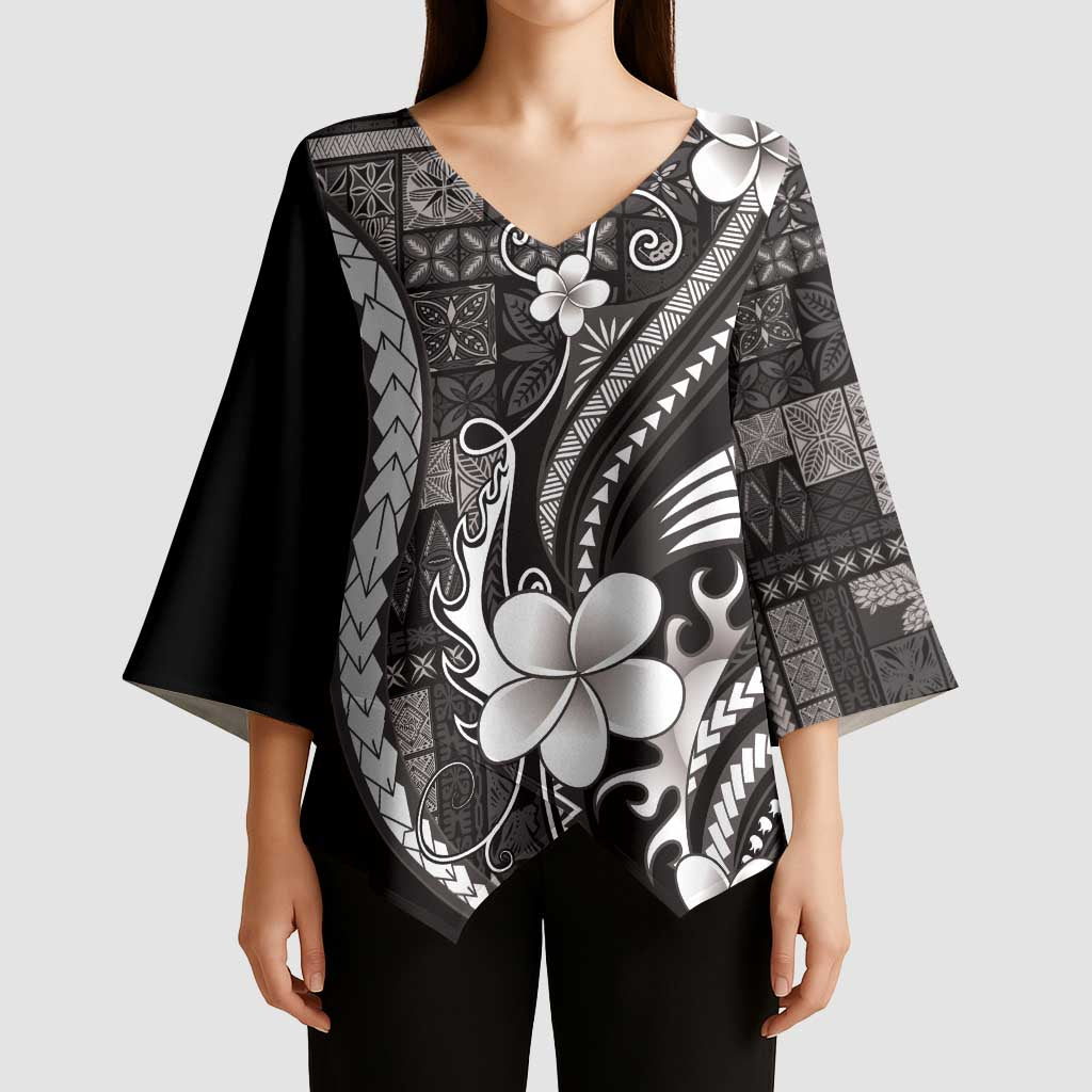 Samoa Siapo Tribal Pattern Kimono Sleeve Blouse Black Polynesian Plumeria Tapa Motif LT9 - Polynesian Pride