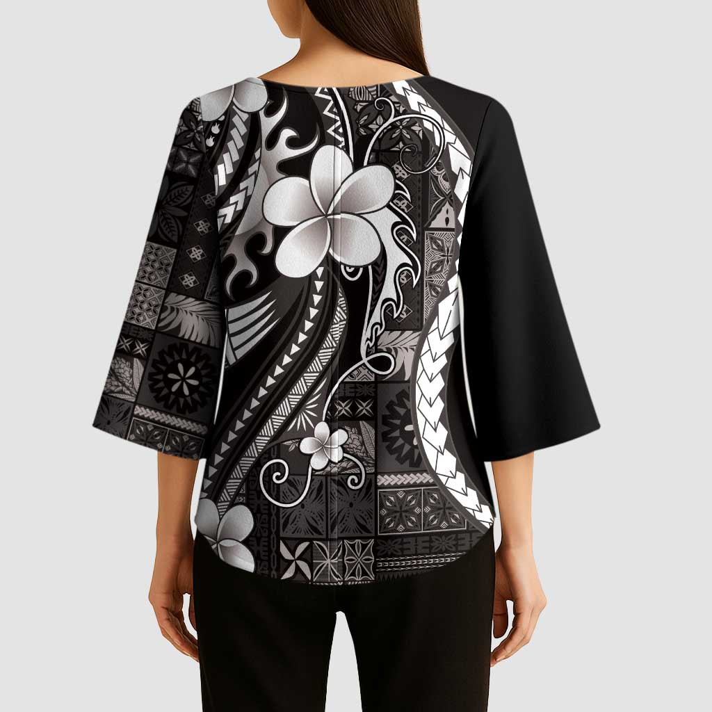 Samoa Siapo Tribal Pattern Kimono Sleeve Blouse Black Polynesian Plumeria Tapa Motif LT9 - Polynesian Pride