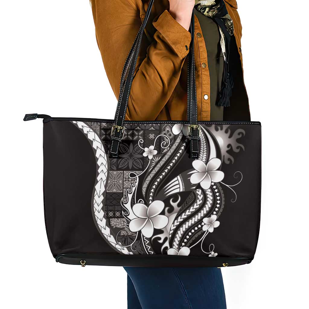 Samoa Siapo Tribal Pattern Leather Tote Bag Black Polynesian Plumeria Tapa Motif LT9 - Polynesian Pride