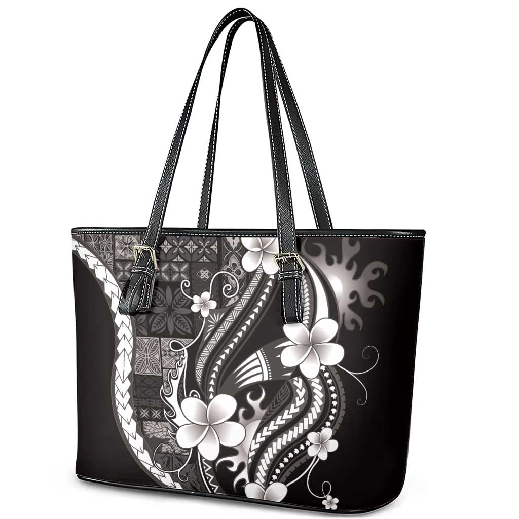 Samoa Siapo Tribal Pattern Leather Tote Bag Black Polynesian Plumeria Tapa Motif LT9 - Polynesian Pride