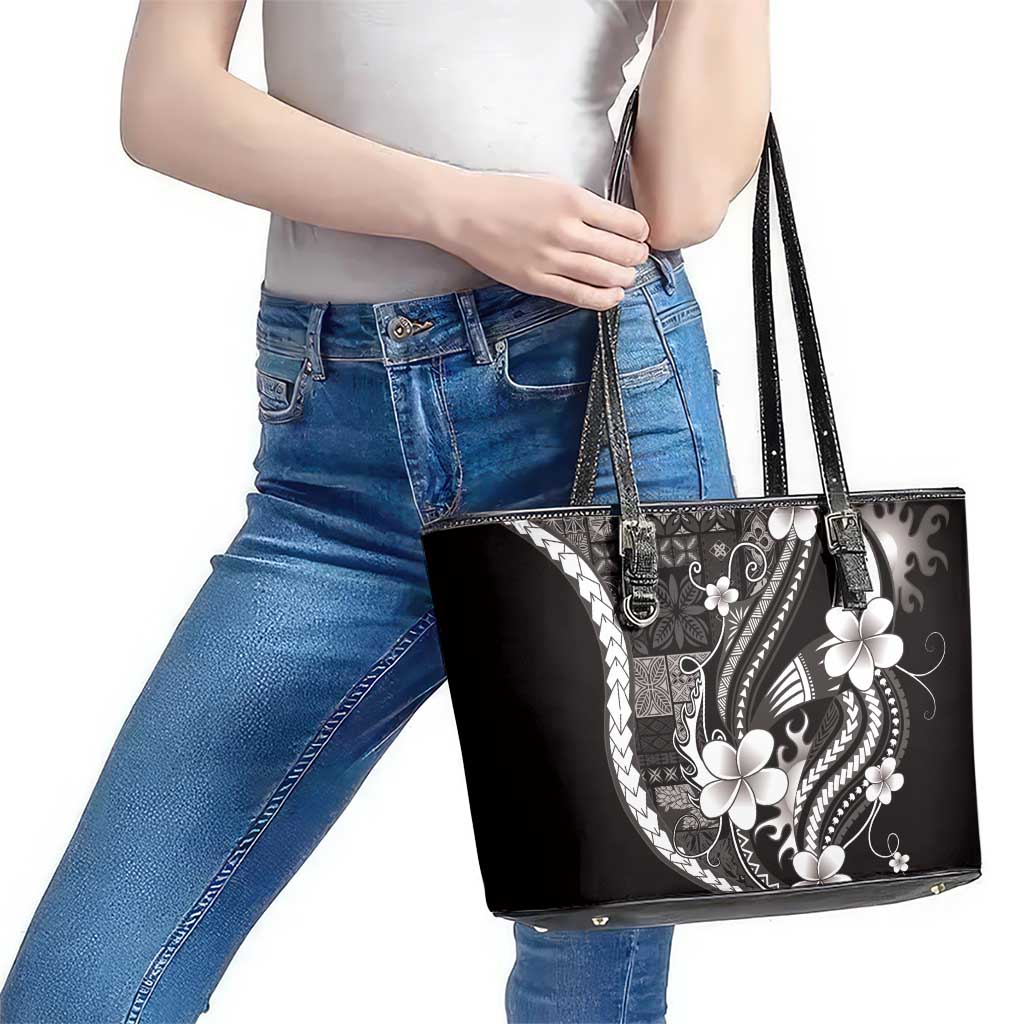 Samoa Siapo Tribal Pattern Leather Tote Bag Black Polynesian Plumeria Tapa Motif LT9 - Polynesian Pride