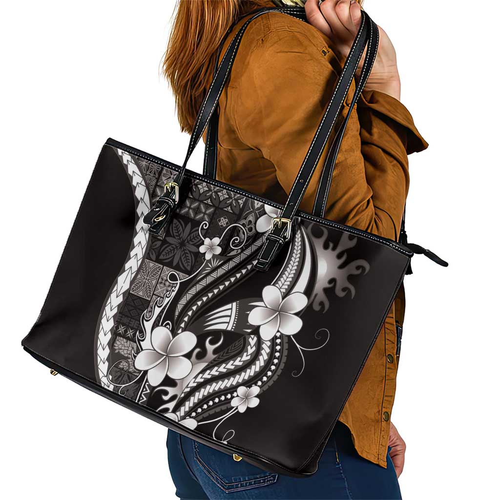 Samoa Siapo Tribal Pattern Leather Tote Bag Black Polynesian Plumeria Tapa Motif LT9 - Polynesian Pride