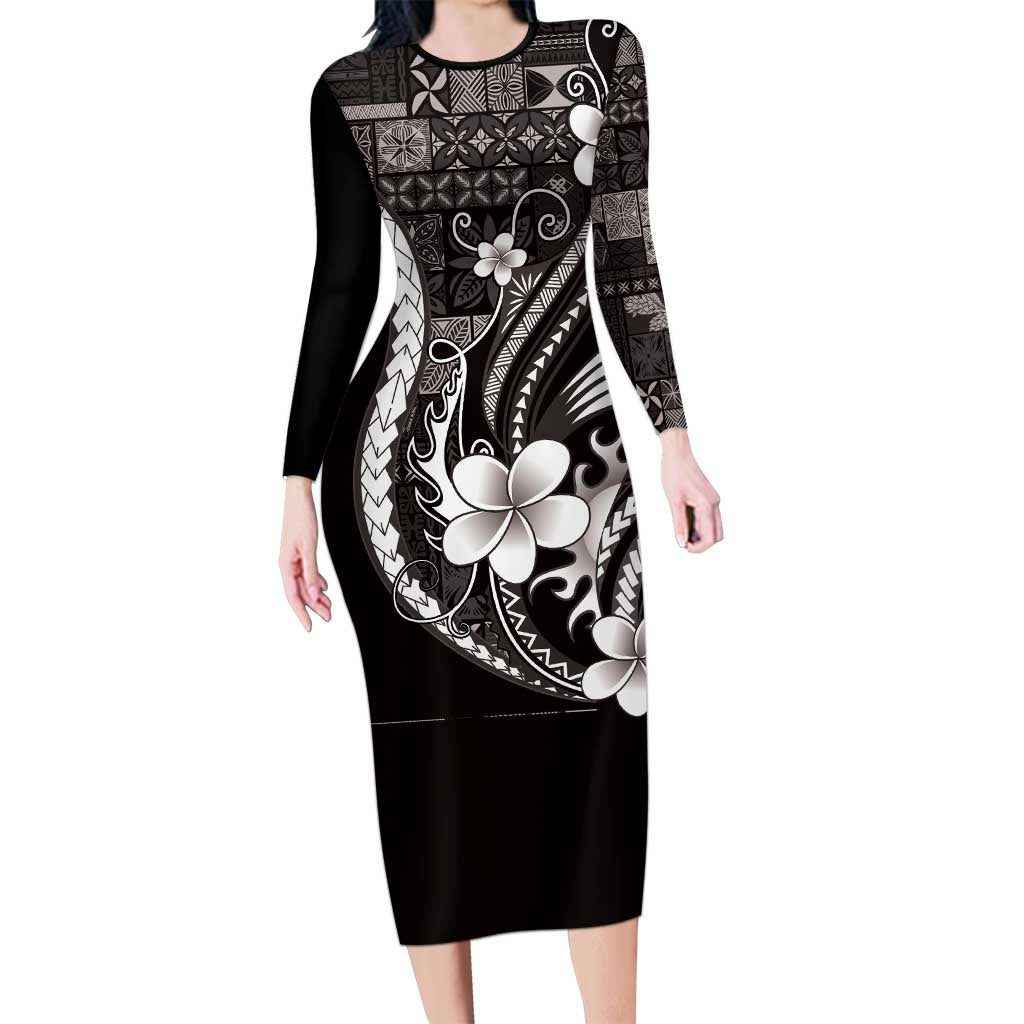 Samoa Siapo Tribal Pattern Long Sleeve Bodycon Dress Black Polynesian Plumeria Tapa Motif LT9 Long Dress Black - Polynesian Pride
