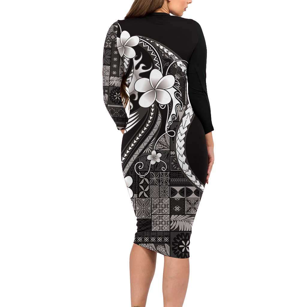 Samoa Siapo Tribal Pattern Long Sleeve Bodycon Dress Black Polynesian Plumeria Tapa Motif LT9 - Polynesian Pride