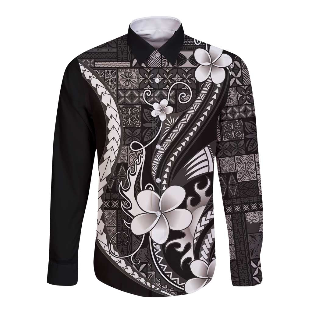 Samoa Siapo Tribal Pattern Long Sleeve Button Shirt Black Polynesian Plumeria Tapa Motif