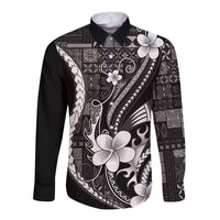 Samoa Siapo Tribal Pattern Long Sleeve Button Shirt Black Polynesian Plumeria Tapa Motif