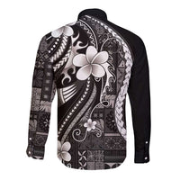 Samoa Siapo Tribal Pattern Long Sleeve Button Shirt Black Polynesian Plumeria Tapa Motif