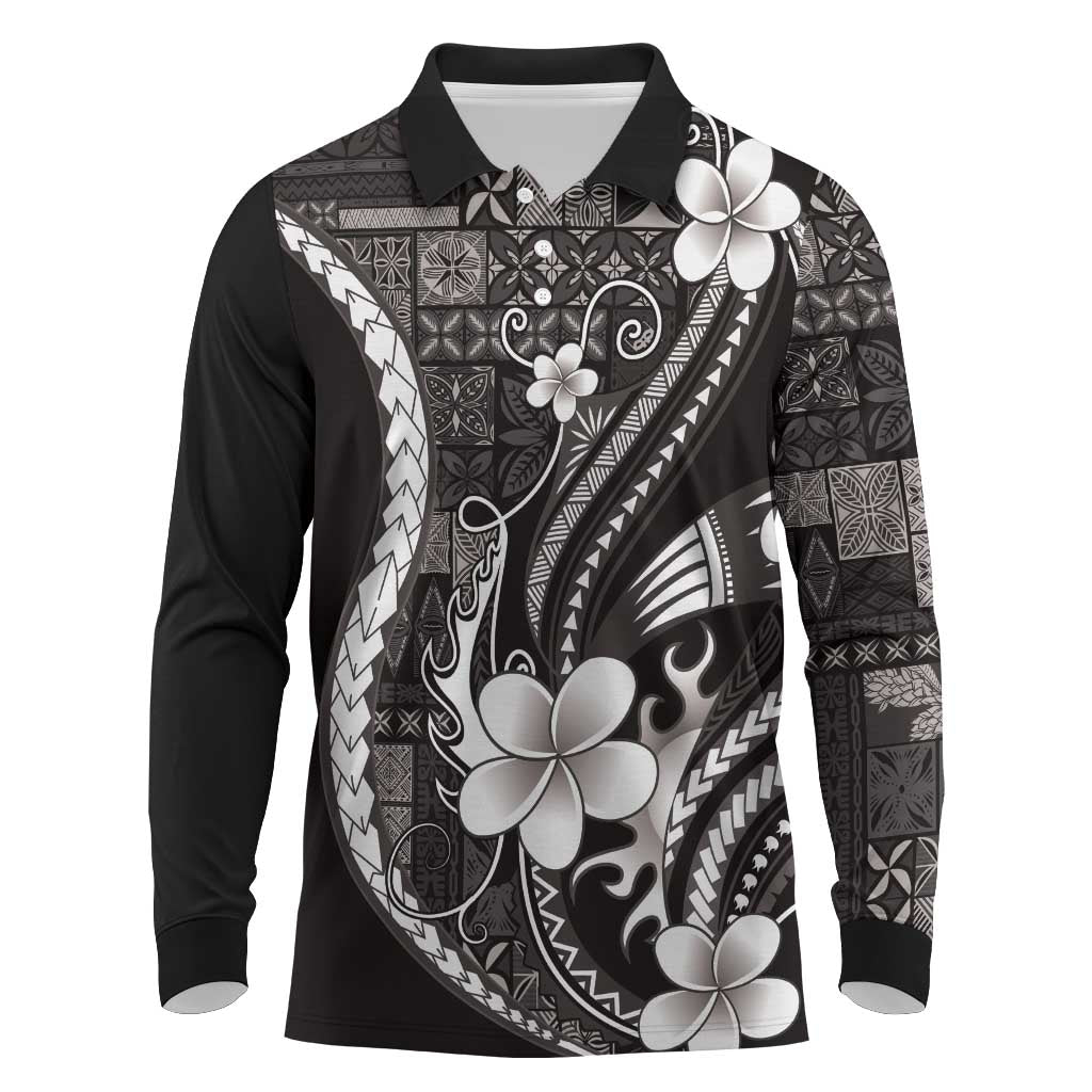 Samoa Siapo Tribal Pattern Long Sleeve Polo Shirt Black Polynesian Plumeria Tapa Motif LT9 Black - Polynesian Pride