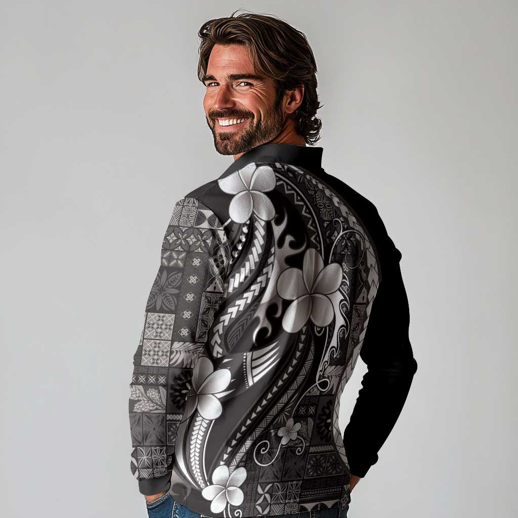 Samoa Siapo Tribal Pattern Long Sleeve Polo Shirt Black Polynesian Plumeria Tapa Motif LT9 - Polynesian Pride
